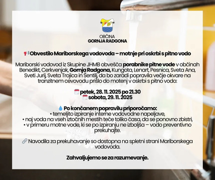 Obvestilo o moteni oskrbi s pitno vodo